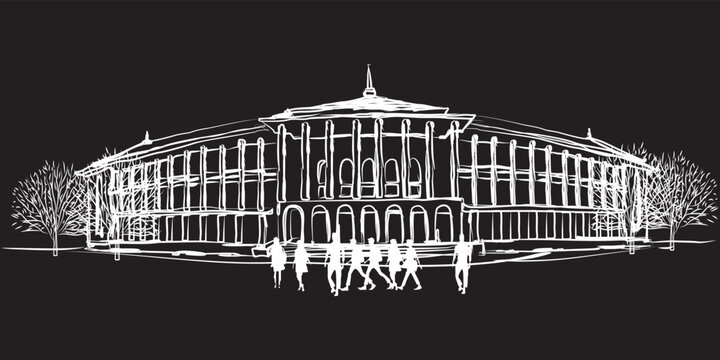 Freehand sketch of the rectorate building of a famous public university in Yogyakarta, Indonesia