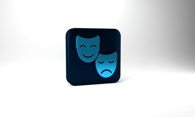 Blue Comedy and tragedy theatrical masks icon isolated on grey background. Blue square button. 3d illustration 3D render