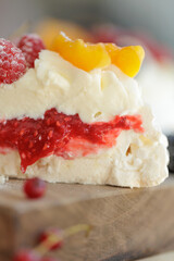 Dessert Pavlova. Delicious and beautiful breakfast. High quality photo