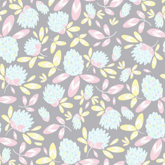 Cute clover flowers with leaves seamless pattern. Floral vector pastel background. Ideal for printing on fabric. 