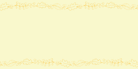 Vector background, frame made of brown outline autumn leaves, berries on edges. Horizontal top and bottom edging, border, decoration for seasonal design, thanksgiving theme and happy fall