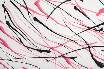 Thin pink and black lines and splashes on white background. Abstract art backdrop with paint brush strokes on canvas. Acrylic painting with graphic stripes. 