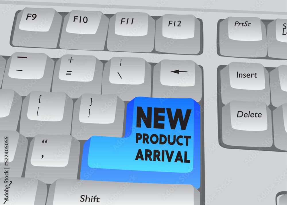 Poster computer keyboard with new product arrival text. close-up of an electronic computer device part, key