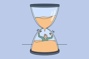 Stressed man sinking in sandglass losing time. Male in despair in hourglass miss deadline. Time organization and schedule. Vector illustration. 