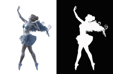 A dancing ballerina in an elegant ballet costume and with angel wings. Balerina character isolated on a white background with alpha mask for quick isolation for your composite work. 3d rendering-illu  © W.S. Coda