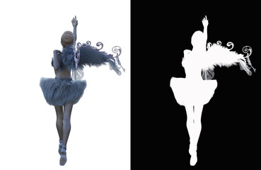 A dancing ballerina in an elegant ballet costume and with angel wings. Balerina character isolated on a white background with alpha mask for quick isolation for your composite work. 3d rendering-illu
