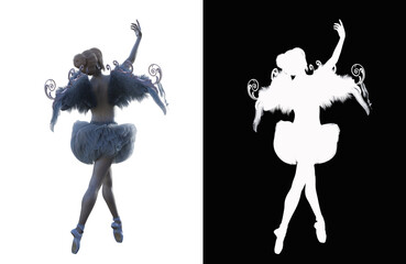 A dancing ballerina in an elegant ballet costume and with angel wings. Balerina character isolated on a white background with alpha mask for quick isolation for your composite work. 3d rendering-illu  © W.S. Coda