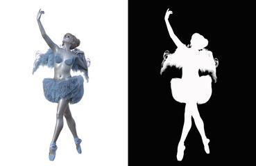 A dancing ballerina in an elegant ballet costume and with angel wings. Balerina character isolated on a white background with alpha mask for quick isolation for your composite work. 3d rendering-illu  © W.S. Coda