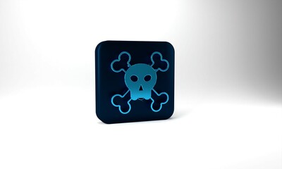 Blue Skull on crossbones icon isolated on grey background. Happy Halloween party. Blue square button. 3d illustration 3D render