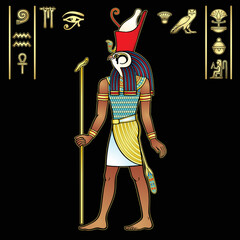 Animation portrait: Ancient Egyptian god Horus in the crown of Egypt. God of heaven and sun in  guise of Falcon. Full growth. View profile. Vector illustration isolated on a black background.