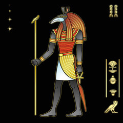 Animation portrait: Ancient Egyptian god Seth. God of rage, deserts, sandstorms, death, and strangers. View profile. Full growth.  Vector illustration isolated on a black background.
