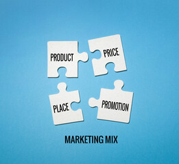 marketing mix 4p composition chart. puzzle pieces with text product, price, place, promotion on...