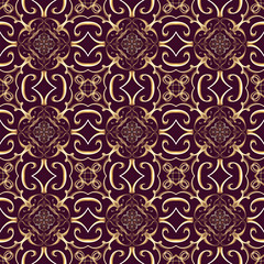 Seamless ornamental royal surface pattern in golden color with maroon background. Use for fashion design, clothing, fabrics, home decoration, bedding, wallpapers, invitations and greeting cards