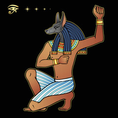 Animation color portrait: Ancient Egyptian god Anubis. God of death and afterworld. View profile.  Vector illustration isolated on a black background.