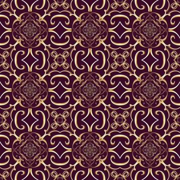 Seamless ornamental royal surface pattern in golden color with maroon background. Use for fashion design, clothing, fabrics, home decoration, bedding, wallpapers, invitations and greeting cards