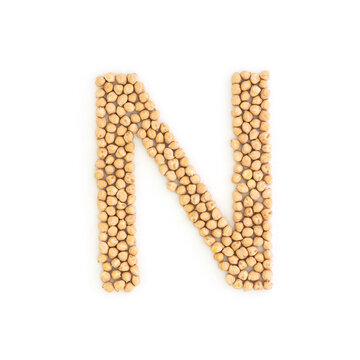 Capital letter N made from chickpea beans. Dry chick pea font. Alphabet made from gram . White background