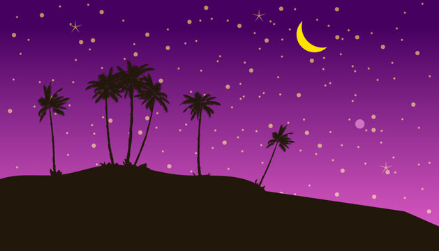 Tropical seashore night landscape, palms, moonlight. Summer exotic scene view, silhouette
