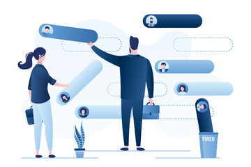 Team building, concept. Male boss and woman manager arranges resumes of employees in hierarchy of company. Distribution of positions and responsibilities, staff reduction.