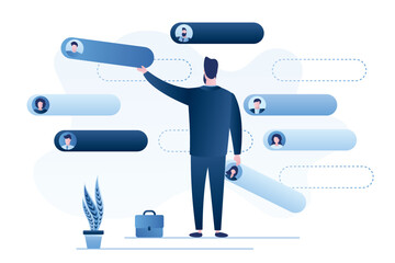 Team building. Boss arranges resumes of employees in hierarchy of company. Distribution of positions and responsibilities. Leader develops strategy. Schedule of meetings and negotiations.