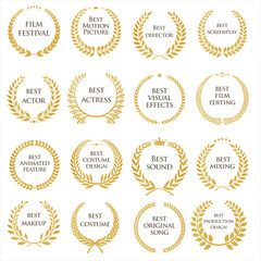 Collection of gold laurel wreath with black Film Awards text - obrazy, fototapety, plakaty