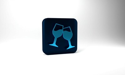 Blue Wine glass icon isolated on grey background. Wineglass sign. Blue square button. 3d illustration 3D render