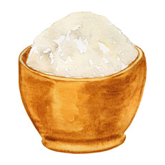 Earthenware bowl with white flour watercolor illustration. Hand drawn image of a culinary ingredient in retro style. For menu design and recipes.