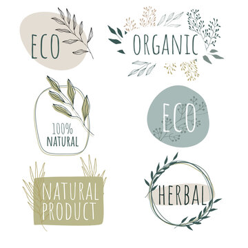 Collection of beautiful hand drawn logos and icons of organic food, farm fresh and natural products, elements collection for food market, organic products promotion, healthy life