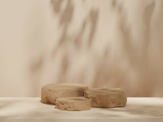 Abstract geometric composition with branch and shadow on the wall -3D render, Cosmetic display stand on brown background. 3D rendering
