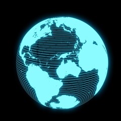 hologram digital tech light global or planet earth isolated on black background. 3D illustration