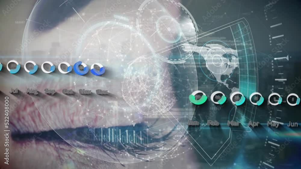 Poster animation of interface with statistical data processing over close up of female eye