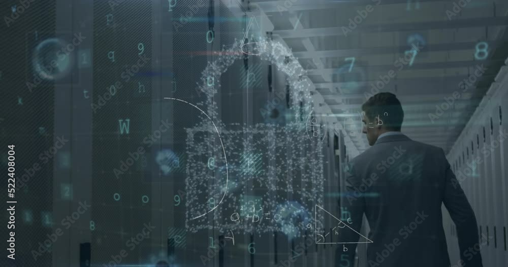 Aufkleber animation of cyber security data processing against caucasian male engineer walking in server room