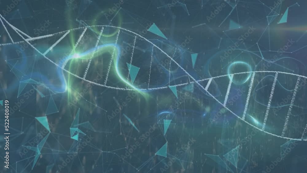 Poster animation of dna, geometric shape connecting dots with light beam on digital interface