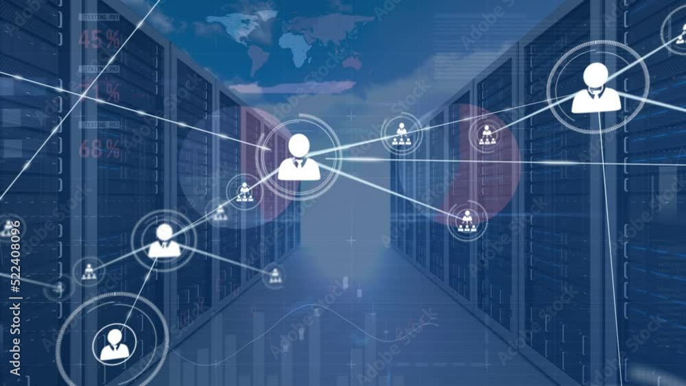 Poster animation of network of profile icons and data processing over server room against clouds in the sky
