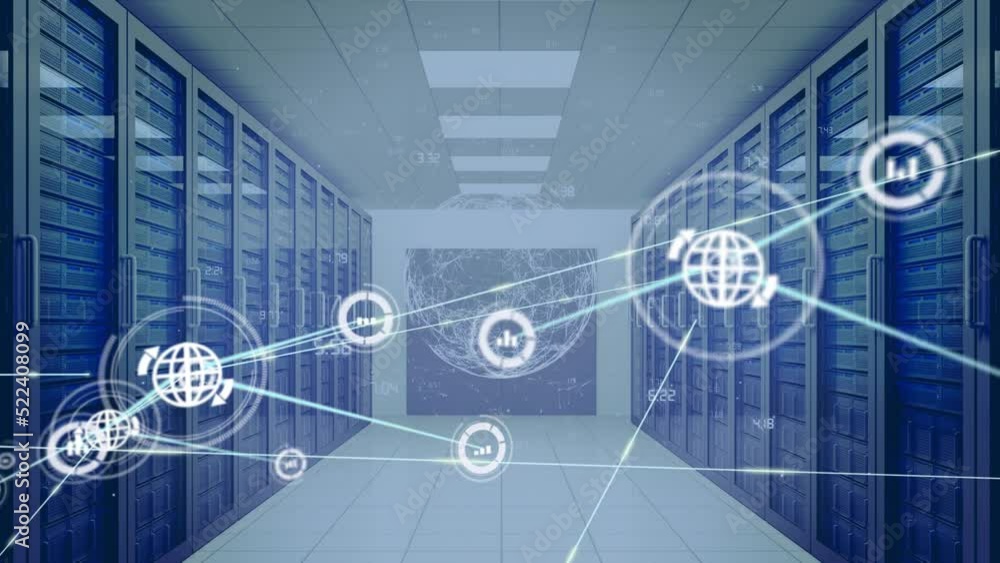 Poster animation of network of digital icons and globe of network of connections against server room