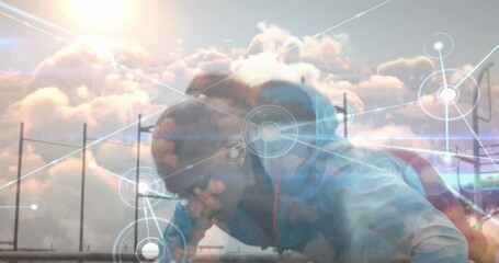 Animation of network lines connecting dots, caucasian woman doing pushups at park - Powered by Adobe