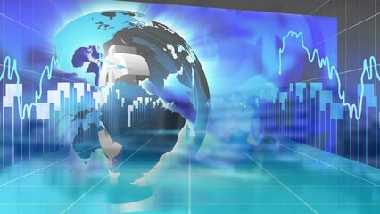 Animation of graph data with globe and dollar sign spinning on digital interface - Powered by Adobe