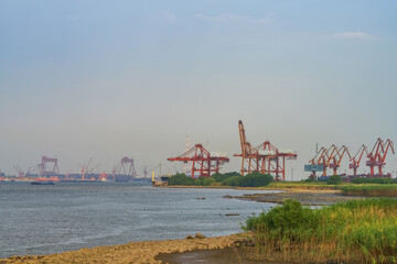 Yangtze River port wharf and and sunset scenery in Jiangyin City, China