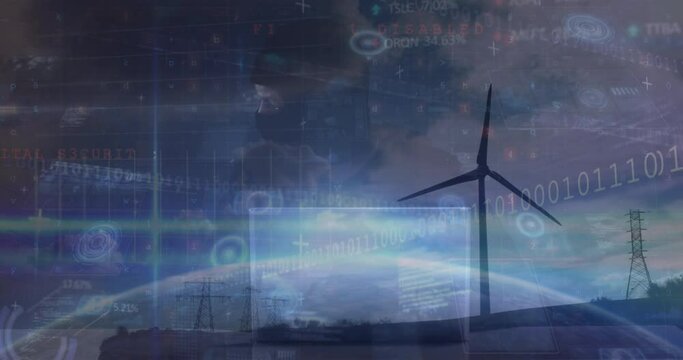 Animation of cyber security data processing over windmill spinning against clouds in the blue sky
