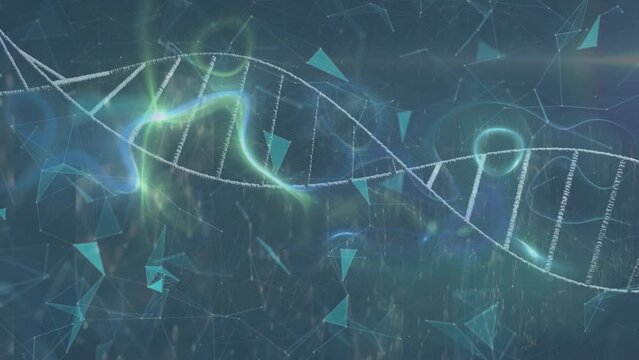 Animation of dna, geometric shape connecting dots with light beam on digital interface
