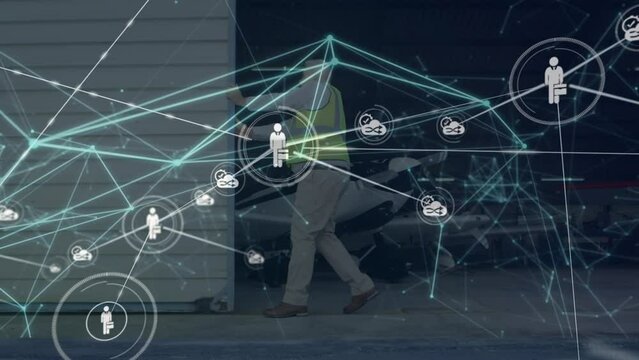 Animation of network of profile icons over male worker opening the parking gate at the airport