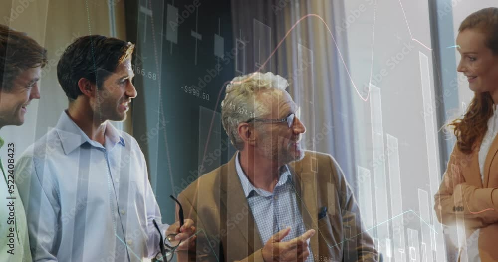 Poster animation of statistical data processing over diverse colleagues discussing together at office