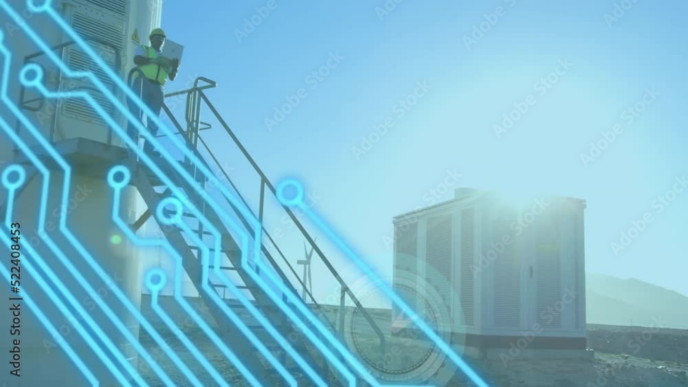Poster animation of motherboard data processing over male engineer using tablet on steps of wind turbine