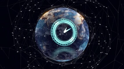 Animation of neon ticking clock and network of connections over spinning globe on black background - Powered by Adobe