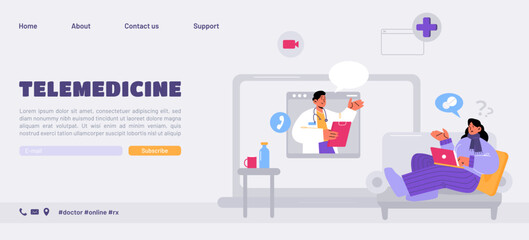 Telemedicine landing page, online medicine concept with doctor and patient communicate via internet. Therapist on laptop screen distantly consulting sick person, health care Line art vector web banner