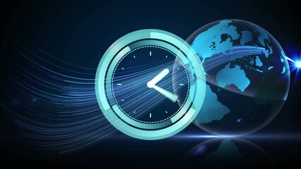 Animation of neon ticking clock and light trails over spinning globe against blue background - Powered by Adobe