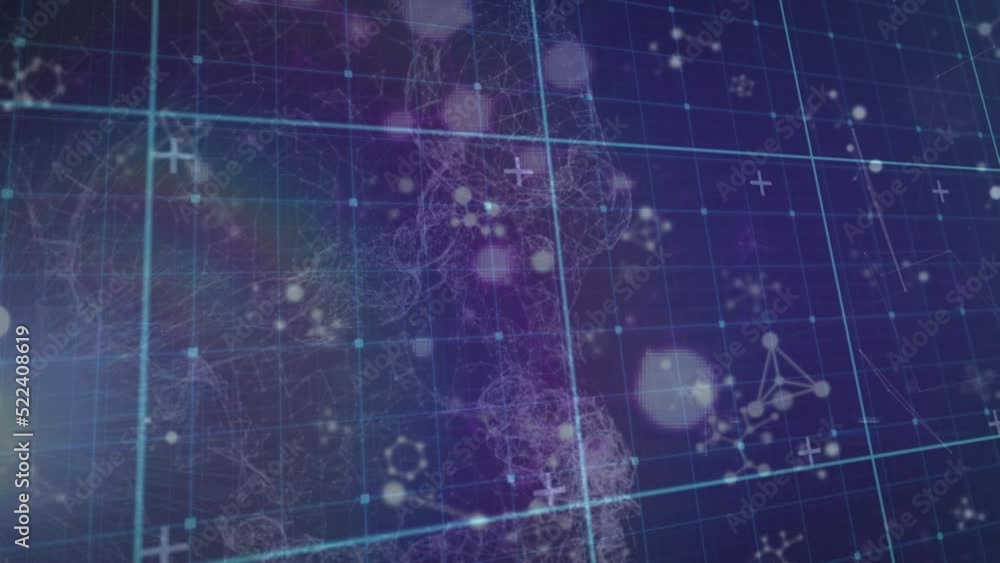 Poster animation of grid network over molecular structures floating against blue background