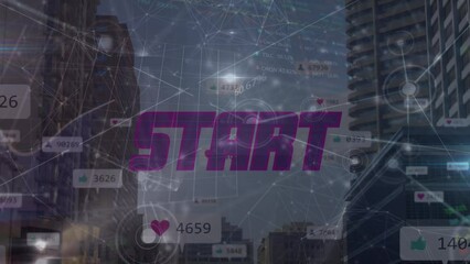 Animation of start, social media icons and network of connections over cityscape - Powered by Adobe
