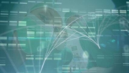 Animation of dna structure spinning and mosaic squares against team of surgeons at hospital - Powered by Adobe