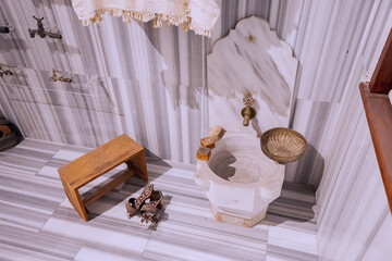Turkish bath - hamam with basin and traditional accessories - obrazy, fototapety, plakaty