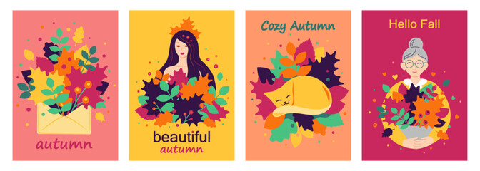Set of Beautiful Autumn Cards. Cute girl, cat, elderly woman, envelope with a bouquet of autumnal leaves. Fall season. Cozy Autumn. Colorful сartoon flat vector template for card, cover, flyer, poster
